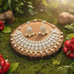 Conjunto de collar y aretes de cuentas Kundan chapados en oro blanco NS619, joyería fina nupcial, conjunto de moda. - Product Image 3