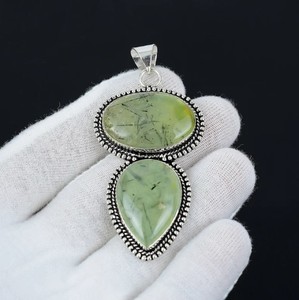 Colgante de Doble Piedra de Prehnita Natural con Turmalina Negra, Plata de Ley 925, Hecho a Mano, Ovalado y en Forma de Pera, con Gema de Prehnita - Product Image 5