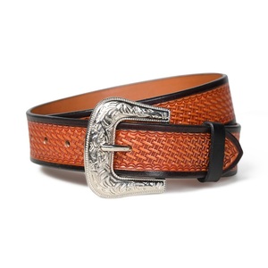Customized Basket Weave Design Embossed Tan Real Cowhide Western Leather Hand <b>Tooling</b> <b>Belt</b> for Men and Women - Product Image 5