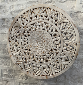 Panneau mural décoratif rond en bois massif blanc vieilli, sculpté à la main avec motifs floraux, pour la décoration de la maison, idéal pour les arrière-plans de canapés et de lits. - Product Image 6