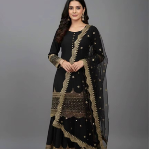 Traje Sharara de Seda Sintética Georgette de Diseño Moderno de Ramdev Trading, Bordado, con Dupatta de Tela de Secado Rápido para Todas las Estaciones - Product Image 1