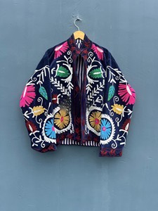Handcrafted Premium Navy Blue Velvet Suzani Embroidered Jacket For Women Soft Velvet Fabric Full Sleeves Mandarin Collar Jacket - Product Image 1