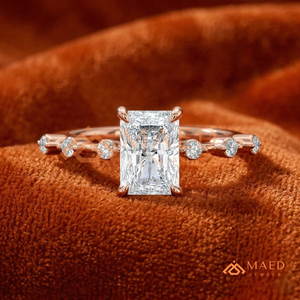 Rose Gold Radiant Cut Bubble Accent Solitaire – Unique <b>Pink</b> Gold Station Diamond Band - Product Image 1
