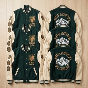 Chaqueta Varsity al por Mayor, Color Verde Bosque, Cuerpo de Lana, Mangas de Cuero Crema, Boreal Expeditions Alpine Taiga Mountain Pinecone - Product Image 1