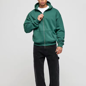 Sudadera con Capucha Verde para Hombre, Cierre de Cremallera, Felpa, Corte Regular, Color Sólido, Otoño, Tejido de Algodón Transpirable - Product Image 1