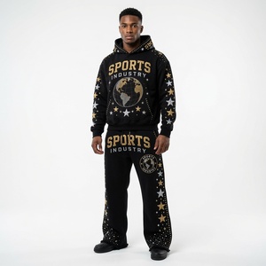 Ensemble de survêtement 2 pièces personnalisé pour homme, noir, or, argent, avec broderie étoile et globe, style universitaire, sweat à capuche et pantalon de survêtement orné de strass, fournisseur en gros - Product Image 4