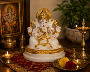 White <b>Gold</b> Resin Ganesh <b>Statue</b> Handmade Molded Religious Art Deco Figurine for Tabletop Decor Diwali Theme Traditional Design - Product Image 1