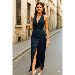 Midnight Navy Pinstripe Halter Neck Blazer Maxi Dress Executive Noir Double Breasted Halter Gown with Front Slit - Product Image 2