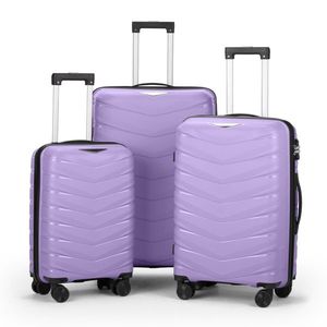 Valigia trolley di lusso 3-in-1 in PP e ferro con strisce a V, colore viola taro, misure 20, 24, 28 pollici, con motivo a grana alla moda - Product Image 2