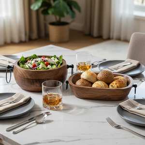 Ensemble de bols de service en bois d'acacia de qualité supérieure, ronds et ovales avec poignées en métal rustique, parfaits pour la table à manger à la maison et au restaurant - Product Image 6