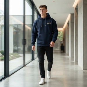 Sweat-shirt à capuche personnalisé bleu marine avec logo brodé, sweat-shirt à capuche pour homme, streetwear décontracté - Product Image 3