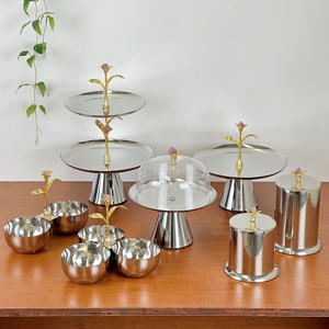 Silver Pedestal Serving Bowl Gold Ginkgo Leaf Blue <b>Crystal</b> Stem Elegant Metal Footed Compote Chalice Home Decor - Product Image 4