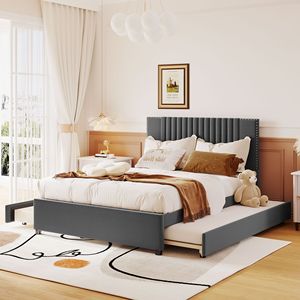 Letto matrimoniale imbottito classico grigio con 2 cassetti e 1 letto estraibile singolo, dotato di un elegante design della testiera - Product Image 1