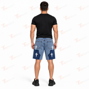 Shorts en jean patchwork pour homme, bleu délavé avec appliques croix blanches, taille mi-haute, style décontracté d'été - Product Image 4