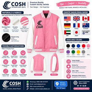 Chaqueta Varsity Rosa y Blanca Unisex, Chaqueta de Béisbol con Botones a Presión, Puños Acanalados con Logotipo - Product Image 6