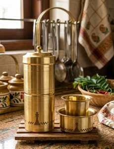 Spillbox Premium Modern Handmade Brass <b>Coffee</b> Dabara & <b>Filter</b> Set with Elegant Gift Box South Indian Brewing & Serving Combo - Product Image 4