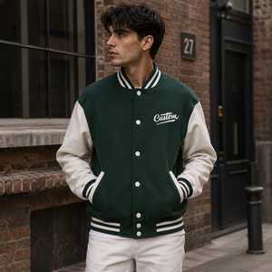 Custom <b>Men</b> Varsity <b>Jacket</b> Green <b>White</b> Embroidered Front Button Casual Style Winter Wear Heated Breathable Windproof - Product Image 1