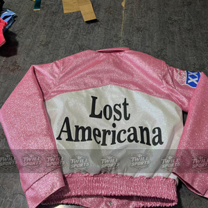Lost Americana Bomber <b>Jacket</b> Sheep Skin Pink White Letter Print Turn Down Collar Full Sleeve Women's <b>Jacket</b> - Product Image 5