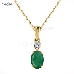 Wholesale Seller Genuine 7x5mm Oval Cut Emerald & Diamond Accent <b>Pendant</b> 14k <b>Solid</b> <b>Gold</b> Birthstone <b>Pendant</b> For Wedding Gift - Product Image 1