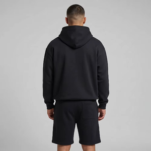 Men's Black Hooded Fleece Sweatshirt With Shorts Casual Autumn <b>Set</b> Solid Color <b>Knitted</b> Fabric - Product Image 2