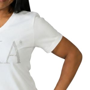 White Rhinestone Letter V Neck Tee Women Short Sleeve Cotton T Shirt Fashion Graphic <b>Top</b> Casual Summer Streetwear Apparel Daily - Product Image 4