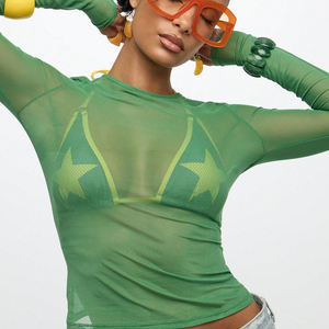 Camiseta de malla de manga larga para mujer, de alta calidad, sexy, de color liso, con cuello redondo, ajustada, 100% algodón, transpirable, primavera 2026 - Product Image 6