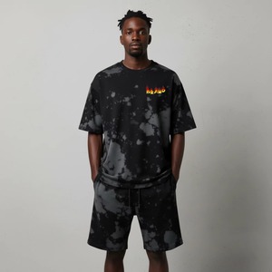 Conjunto de Camiseta y Pantalones Cortos para Hombre, Cuello Redondo, Tie-Dye Negro, Corte Holgado, Transpirable, Diseño Estampado, Logotipo Frontal, para Todas las Temporadas - Product Image 1