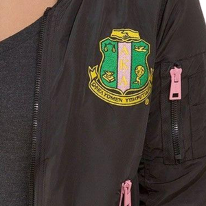 AKA Satin Bomber Jacket Black Pink Women Lightweight Zip Up Jacket Embroidered Crest Rib Knit Casual Outerwear - Product Image 6