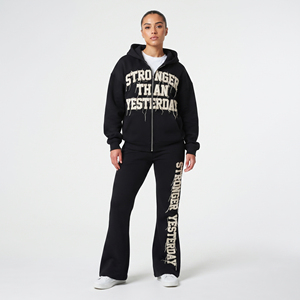 Women Flare Tracksuit Winter Distressed Embroidery Hoodie Flare Sweatpants Set <b>Ladies</b> 100% Cotton Fleece Flare Tracksuits Womens - Product Image 3