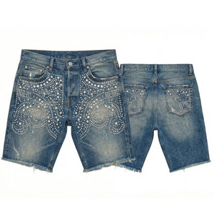 Streetwear Custom Baggy Vintage Wash Straight Leg Distressed Rhinestone <b>Jeans</b> Denim Shorts Jorts for <b>Men</b> - Product Image 4