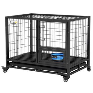 Cuccia per Cani in Metallo Nero Sicura con Supporto per Ciotola, Ruote e Vassoio Rimovibile per Cani di Taglia Media e Grande - Product Image 1