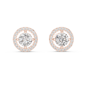 Pendientes de Diamantes de Corte Redondo con Halo en Oro Amarillo de 18K |   Pendientes Clásicos de Diamantes con Marco Circular para Mujer - Product Image 5