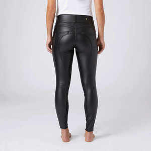 <b>Women</b> High Waist Full Length Riding Breeches Button <b>Fly</b> Four-Way Stretch Solid Black Pants Woven Spandex Polyester - Product Image 2