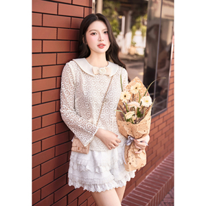 Women's Lace Peter Pan Collar Blouse Long Sleeve Sweet Vintage Style Sheer <b>Layer</b> Embroidered <b>Top</b> Spring Summer ELLIOT - Product Image 1