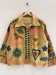 Hand Embroidered Quilted Woven <b>Velvet</b> Breathable Outdoor <b>Jacket</b> Floral Motifs Mandarin Collar Full Sleeve Boxy Style Spring Wear - Product Image 4