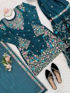 ชุดสูทผ้าไหม Sharara JMC แบบปักลายสุดหรูพร้อม Anarkali Kurta และ Dupatta ดีไซเนอร์ - Product Image 2