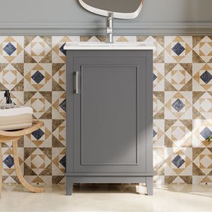 Mobile Bagno Moderno da 20 Pollici con 1 Anta a Chiusura Ammortizzata, 20*15.5*33.3 Pollici, Ampio Spazio Contenitivo, Lavabo in Ceramica - Video Prodotto - Product Image 1
