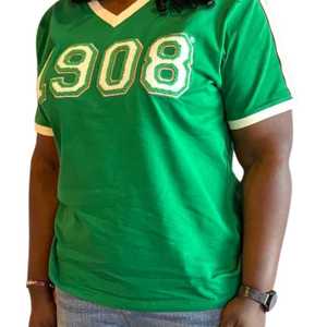 Camiseta Premium de Chenilla con Cuello en V para Mujer, Bordado de Letras Griegas, Ribete en Contraste, Top Casual de Alta Calidad para Verano - Product Image 6