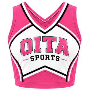 Haut court de cheerleading rose vif, blanc et noir pour femme, sans manches, col en V, pour performance athlétique, uniforme d'équipe de cheerleading, compétition - Product Image 1
