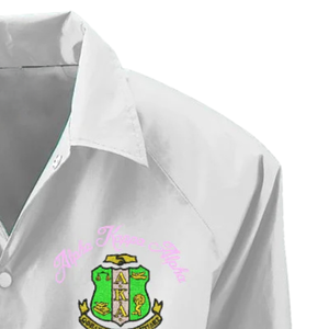 Veste chemise décontractée blanche à manches longues boutonnée pour femme, brodée avec des lettres grecques et des lignes croisées - Product Image 2