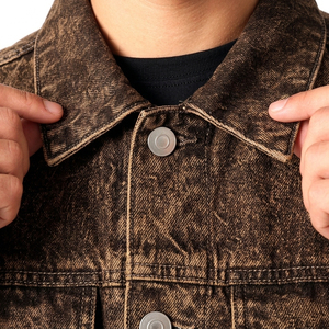 Factory Rate Men 100% Cotton <b>Covered</b> <b>Button</b> Washed Denim Jacket Turn down Collar Trucker Style Casual Spring Denim Jacket - Product Image 4