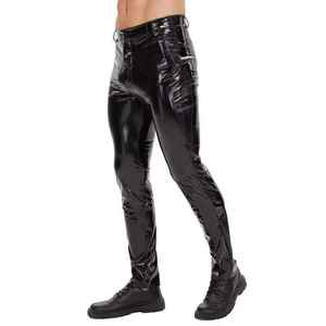 Pantalon slim noir en similicuir PU pour homme, coupe crayon, longueur intégrale, couleur unie, fermeture boutonnée, style club sexy, taille mi-haute, aspect satiné - Product Image 1