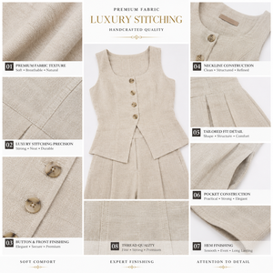 Ensemble 2 pièces de luxe personnalisé pour femme en lin, décontracté, avec gilet à col carré et pantalon taille haute à jambes larges, couleur unie, pour usage quotidien - Product Image 6