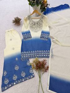 Ensemble de soirée pour femme en Georgette de créateur, broderie miroir véritable, réversible, séchage rapide, avec haut, pantalon palazzo et dupatta (toutes saisons) - Product Image 4