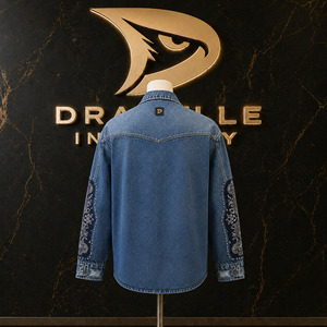Wholesale Bleached Blue Cotton Chambray Shirts With Bandana Insignia For Roomy Unisex Streetwear Graphic <b>Badge</b> Factory - Product Image 2