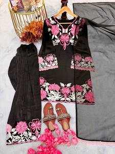 Ensemble Kurta, pantalon et dupatta brodés noir et rose pour femmes |   Costume de soirée de créateur - Product Image 6