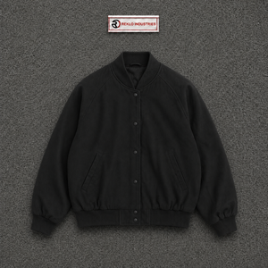 Chaqueta universitaria de lana negra para hombre, chaqueta bomber extragrande personalizada con cierre de botones a presión, cuello, puños y dobladillo acanalados, venta al por mayor - Product Image 5