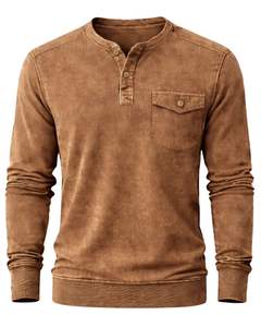 Sudadera Henley de Manga Larga para Hombre, Lavado Ácido, Color Camel Marrón, Estilo Casual con Botones y Bolsillos, Prenda de Invierno, Algodón, Corte Ajustado - Product Image 1