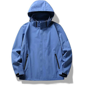 Men's Blue <b>Hooded</b> Windproof <b>Jacket</b> With Zipper Pockets Casual Autumn Wear Regular Fit Stand Collar Woven Polyester <b>Shell</b> - Product Image 1