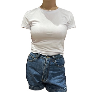 Camiseta OEM con logotipo personalizado para niña, Camiseta ajustada de algodón liso de verano, Camiseta corta recortada para mujer - Product Image 1